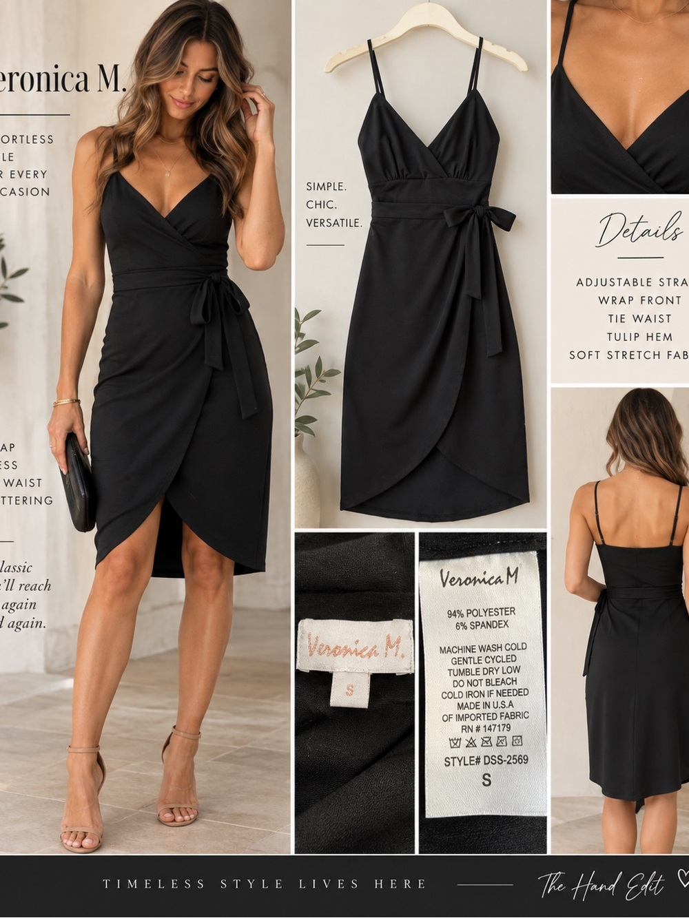Veronica M Black Faux Wrap Midi Dress Tie Waist Spaghetti Strap S